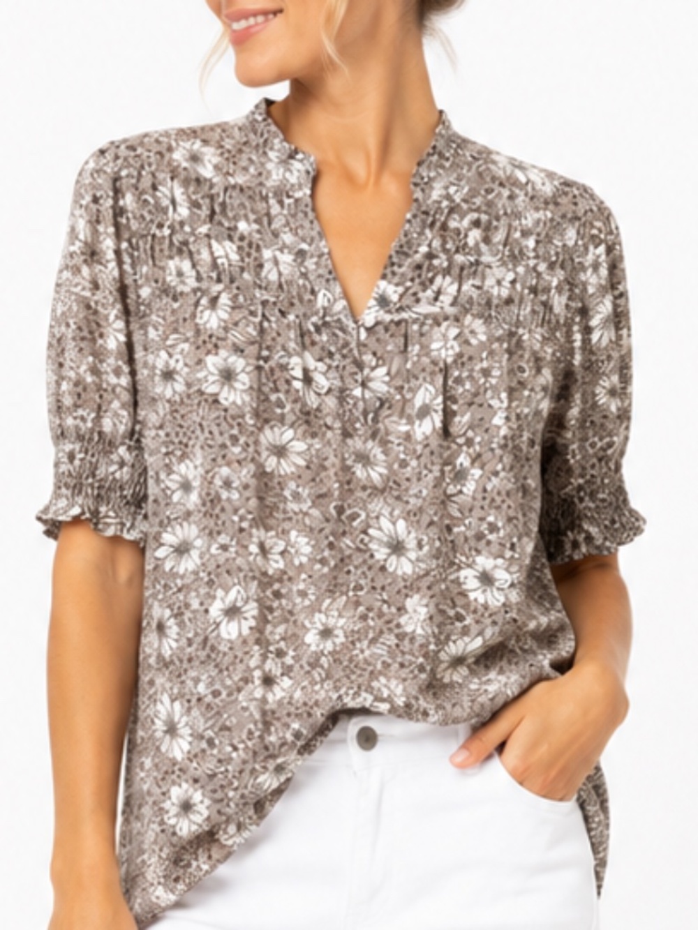 PLEIONE Sheer Floral Blouse with Smocked Puff Sleeves NWT